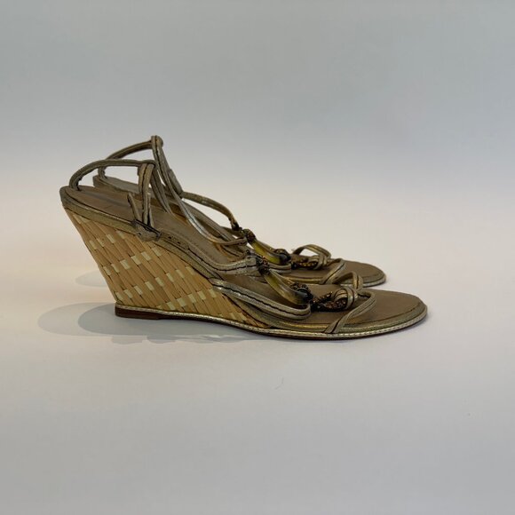 Giuseppe Zanotti Gold Leather & Bamboo Wedge Heels, EU 40 - Picture 5 of 16